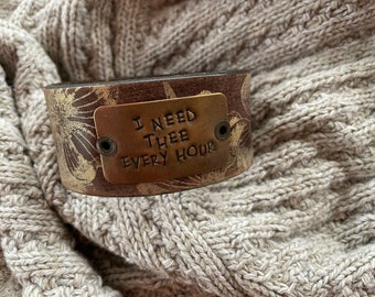 Leather Word Cuff---Weathered Leather- XL-7 Inch Wrist-I Need Thee Every Hour-Shimmer Gold Florals