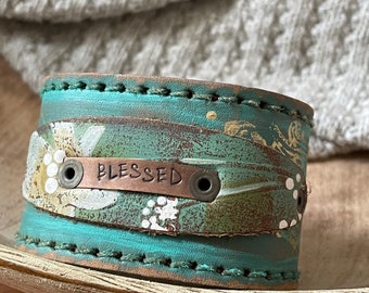Leather Word Cuff-Art Collection--Weathered Leather-Wide Cuff -7 Inch Wrist-Blessed