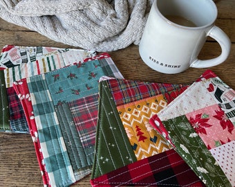 Quilted Mug Rug-4 Christmas Options-Crazy Quilt-Coffee Quilt-All the Pretty Scraps-Little Gifts-Morning Coffee