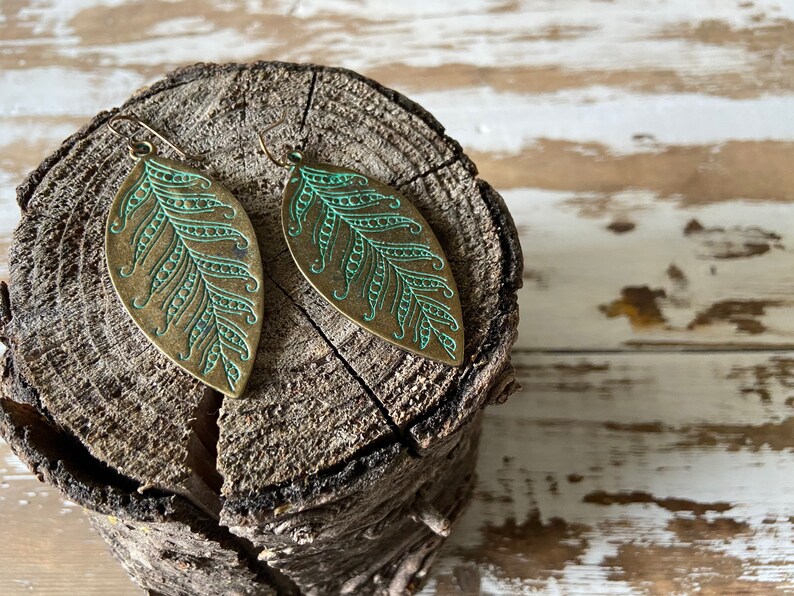 Patina Leaf Earrings--Boho Earrings-Verdigris Bronze Leaves