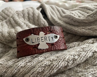 Liberty Leather Cuff-Freedom Collection-Rustic Leather-Repurposed Belt-Eagle