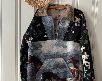 Horse Tapestry Pullover--Boho Style-Upcycled Fashion-Cozy Couture-Altered Couture-Tapestry Throw Blankets Remade