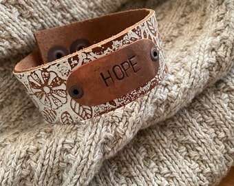 Leather Word Cuff---Weathered Leather-Large -6.5 Inch Wrist-Weathered White Florals-Hope
