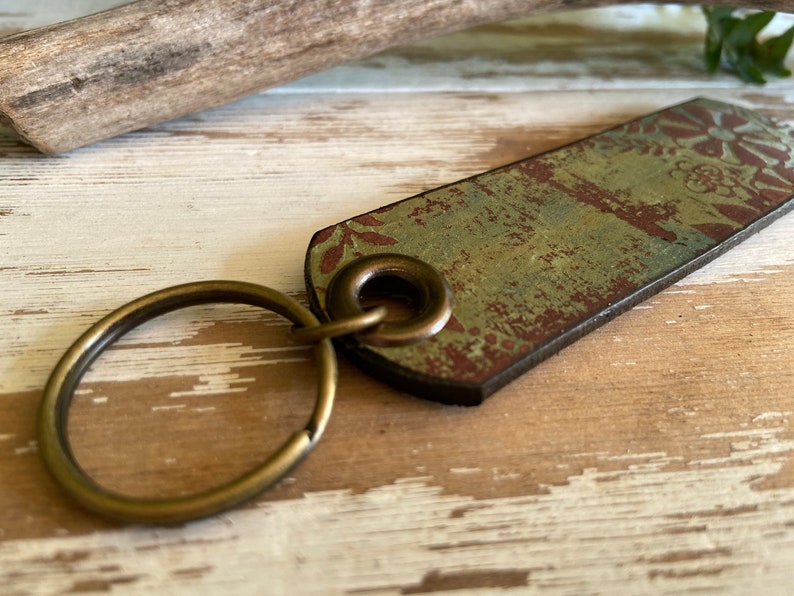 Weathered Leather Keychain-Zipper Pull-Green Florals-Customizable with Words