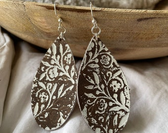 Leather Teardrop Earrings-Weathered White-Florals