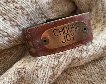 Leather Word Cuff---Weathered Leather-Large -6.5 Inch Wrist-Choose Joy