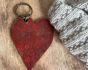 Leather Heart Keychain-Zipper Pull--Customizable with Words-Red Heart