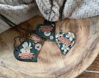 Leather Heart Necklaces-Rustic-Hymns-Bind My Heart-Simple-Delicate Florals-4 Options