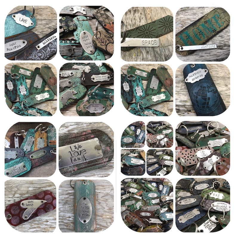 Weathered Leather Keychain-Zipper Pull-Green Florals-Customizable with Words
