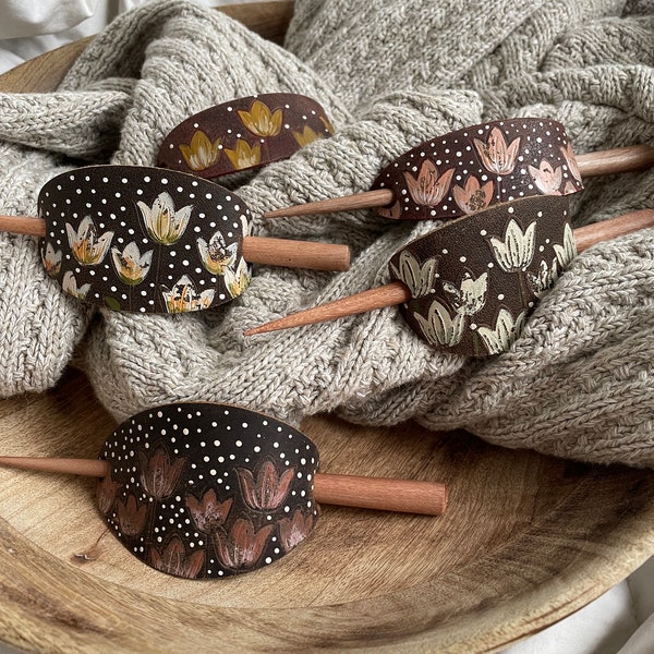 Leather Hair Stick-5 Options-Hand Painted Leather-Messy Bun Accessory