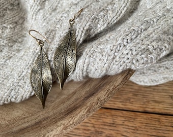 Brass Leaf Earrings-Antiqued Tone-Boho Earrings-Elegant