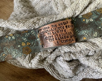 Leather Artisan Cuff-There’s Always the Garden-Abraham Lincoln-Weathered Leather- -7 Inch Wrist-XL