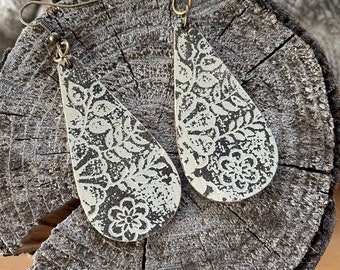 Leather Teardrop Earrings-Remnants Collection-Weathered-Medium Slim Teardrop-Boho Earrings-Weathered White