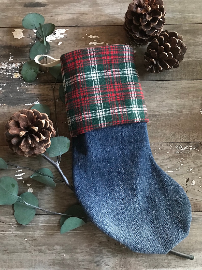 Denim and Wool Stocking Christmas Stocking-Upcycled Jeans-Eco Friendly