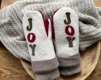 Wool Sweater Mittens- Christmas-Joy- Repurposed Clothing-Teen-Small-Medium Women