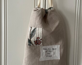 Quilted Bag-Drawstring Pouch-Farmhouse Charm-Simple Storage Solutions-Organization-Gift Bag-Tune My Heart to Sing Thy Grace