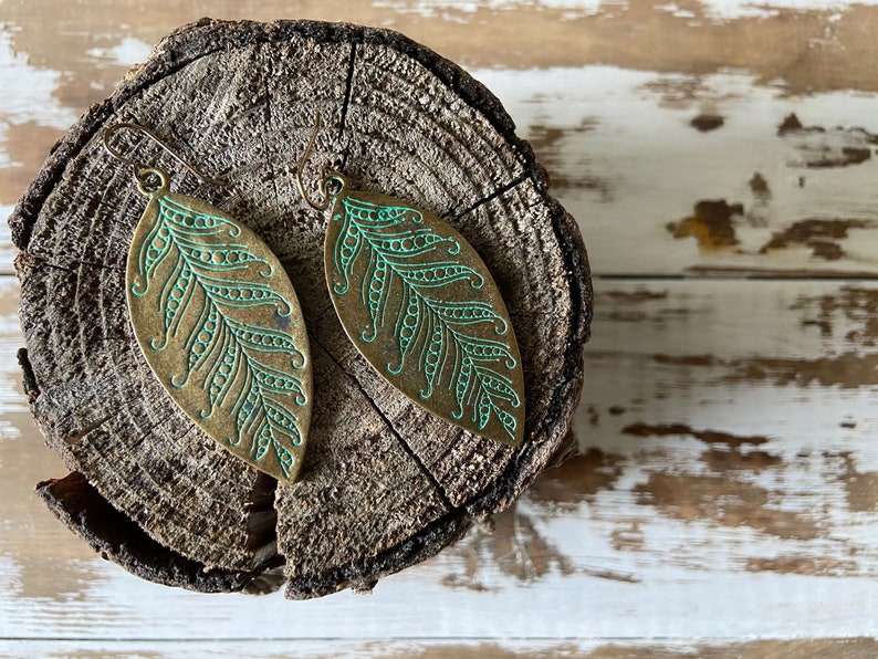 Patina Leaf Earrings--Boho Earrings-Verdigris Bronze Leaves