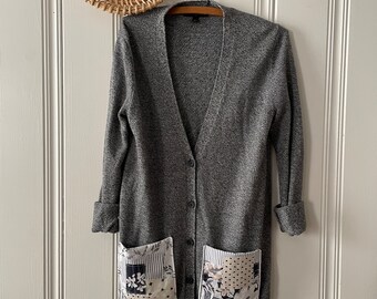 Gray Knit Cardigan--Playful Pockets-Upcycled Fashion-Small-Clothing Remade