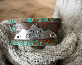 Leather Word Cuff-Artisan Collection-Sing Praise--Weathered Leather-Art Cuff-Size Large-6.5 Inch Wrist