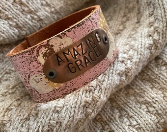 Leather Word Cuff-Art Collection-Weathered Leather- -6 Inch Wrist-Medium-Amazing Grace