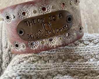 Leather Word Cuff-There Is A Joy In The Journey--Weathered Leather- -6.5 Inch Wrist-L