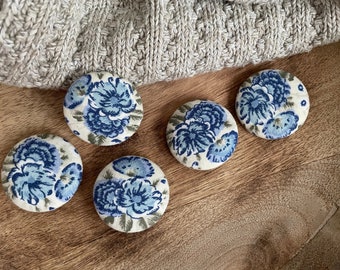 Floral Fabric Button Set-5 Jumbo Buttons-Blue Florals-Unique Buttons-Large Buttons-