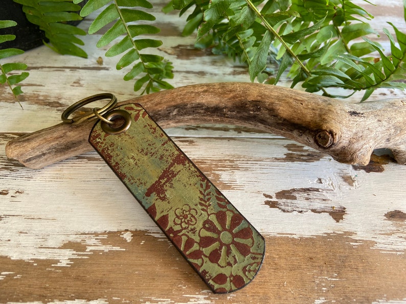Weathered Leather Keychain-Zipper Pull-Green Florals-Customizable with Words