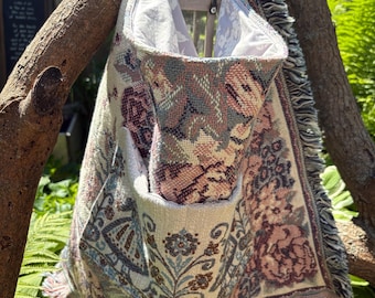 Hobo Blanket Bag-Upcycled-Vintage Woven Floral-Grandma Chic-Giant Overnight Bag