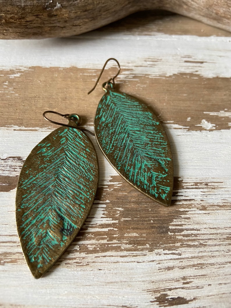 Patina Leaf Earrings--Boho Earrings-Verdigris Bronze Leaves