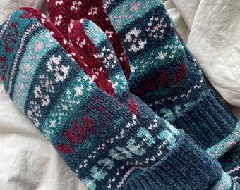 Sweater Mittens- Cranberry and Blue Mittens- Fair Isle-Upcycled Fashion-Teen-Women