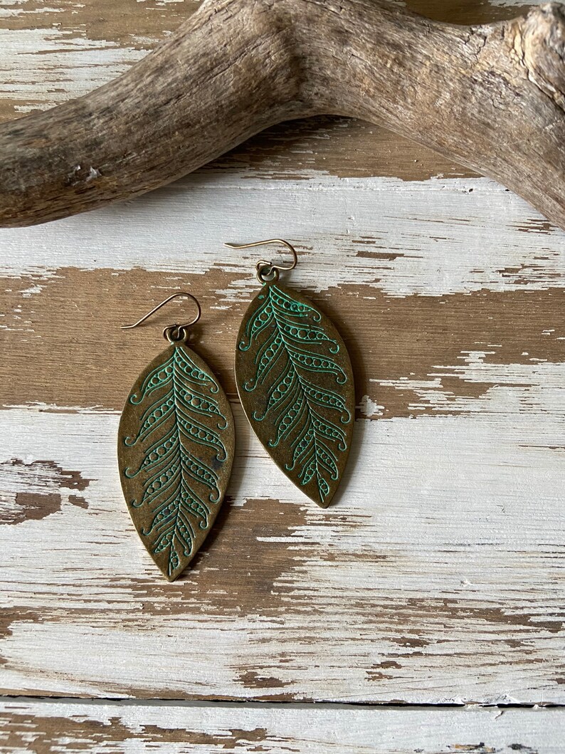 Patina Leaf Earrings--Boho Earrings-Verdigris Bronze Leaves