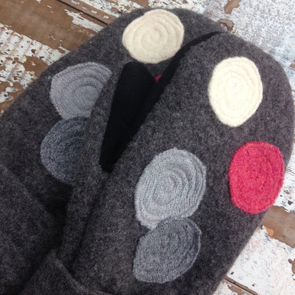 Gray Felted Mittens- Gray and Pink-Upcycled Wool-Teen-Women