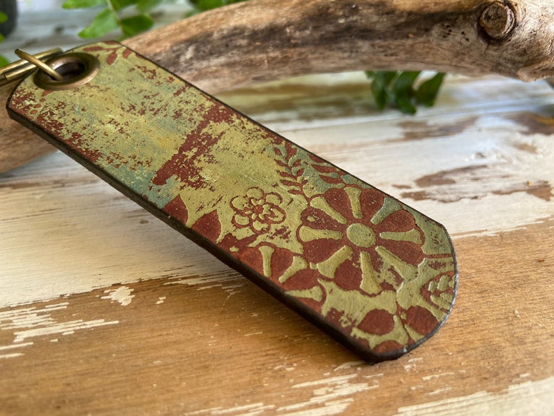 Weathered Leather Keychain-Zipper Pull-Green Florals-Customizable with Words