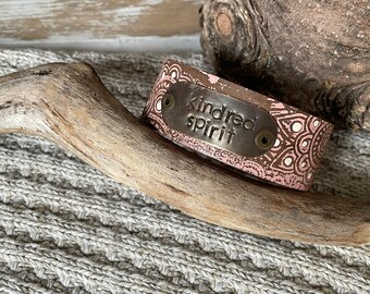 Leather Word Cuff---Weathered Leather- -6.5 Inch Wrist-Kindred Spirit