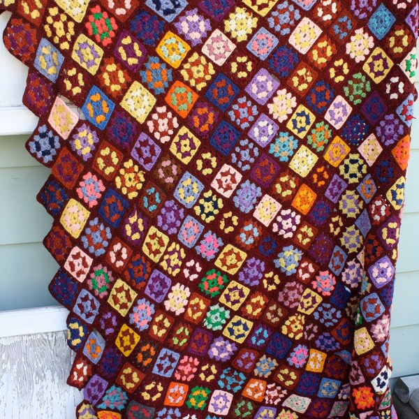 Vintage Crocheted Granny Square Afghan Blanket-Cutter