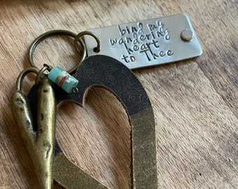 Leather Art Keychain-Art Collection-Zipper Pull-Painted Leather-Hymn Lyrics-Bind my Wandering Heart to Thee