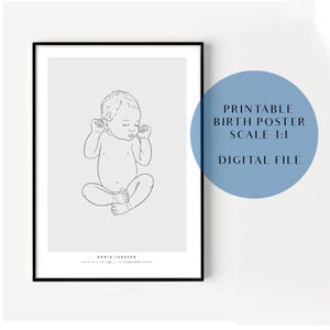 Póster de nacimiento imprimible, póster de nacimiento a escala 1:1 / Póster de bebé / Póster de nacimiento personalizado / Póster de nacimiento personalizado / Archivo digital / Póster de nacimiento