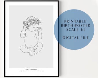 May include: A printable birth poster featuring a line drawing of a baby wearing a flower crown. The poster is in black and white and has a light gray background. The text "PRINTABLE BIRTH POSTER SCALE 1:1 DIGITAL FILE" is in a blue circle at the top right of the poster.
