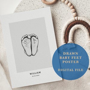 Individuelles Baby Poster, Geburtsposter, Baby Füße Zeichnung, Baby Poster, Baby Porträt, personalisiertes Baby Geschenk, Neugeborenen Fuß Print Design