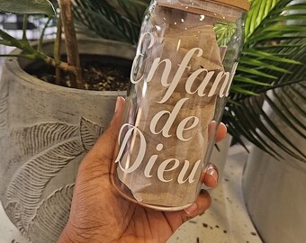 Taza de cristal | Vidrio cristiano | Lata de refresco | Regalo cristiano | Hecho a mano | Tapa de bambú