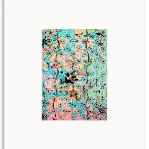 May include: Abstract floral art print featuring a colorful background with a mix of pink, blue, and yellow hues. Black line drawings of flowers are layered over the background, creating a textured and dynamic composition.