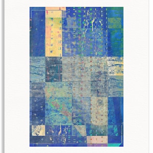 May include: Abstract art print featuring a patchwork of blue, green, and yellow squares. The artwork has a textured appearance with subtle patterns and designs, creating a layered and complex visual experience. The print is set against a white background.