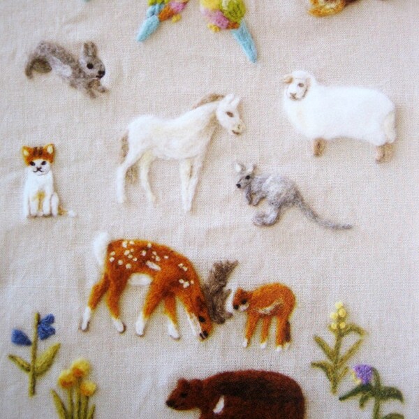 wool felt embroidery, japanese needlefelting pattern, animal set