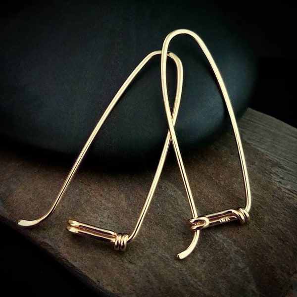 14k Gold Hoop Earrings, Long Hoop Dangle, Handmade in Solid 14k Yellow Gold