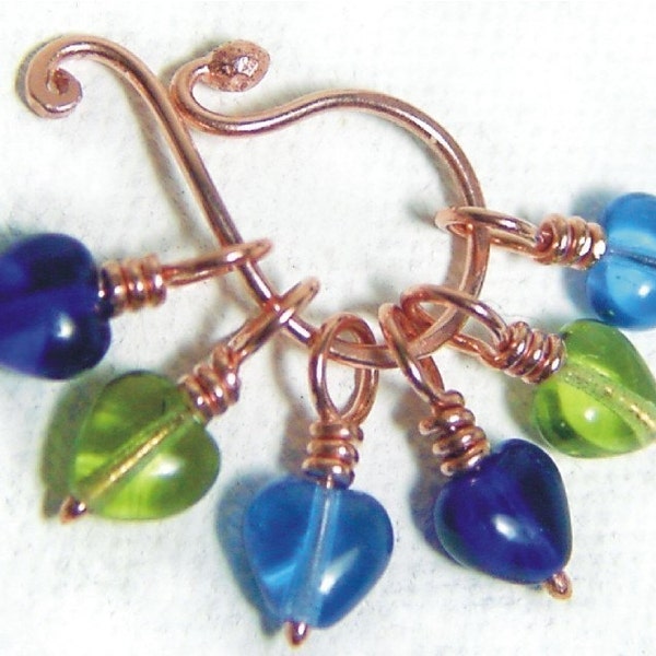 BLUE ON THE VINE - Heart Stitch Markers on Handmade Copper Headpins - Set of 6 - Includes Copper Marker Keeper