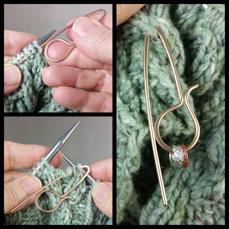 Bronze Cable Needle, Clip Stitch Holder, Marker Keeper, Handmade Multipurpose Knitting Tool image 2
