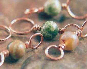 RAINFOREST -Knitting Stitch Markers, Copper and Rhyolite Gemstone - Set of 4 Dual Duty