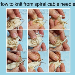 May include: How to knit from a spiral cable needle. A close-up image shows a person's hands knitting with a spiral cable needle. The needle is gold and the yarn is cream colored.
