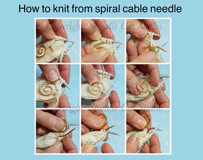 May include: How to knit from a spiral cable needle. A close-up image shows a person's hands knitting with a spiral cable needle. The needle is gold and the yarn is cream colored.