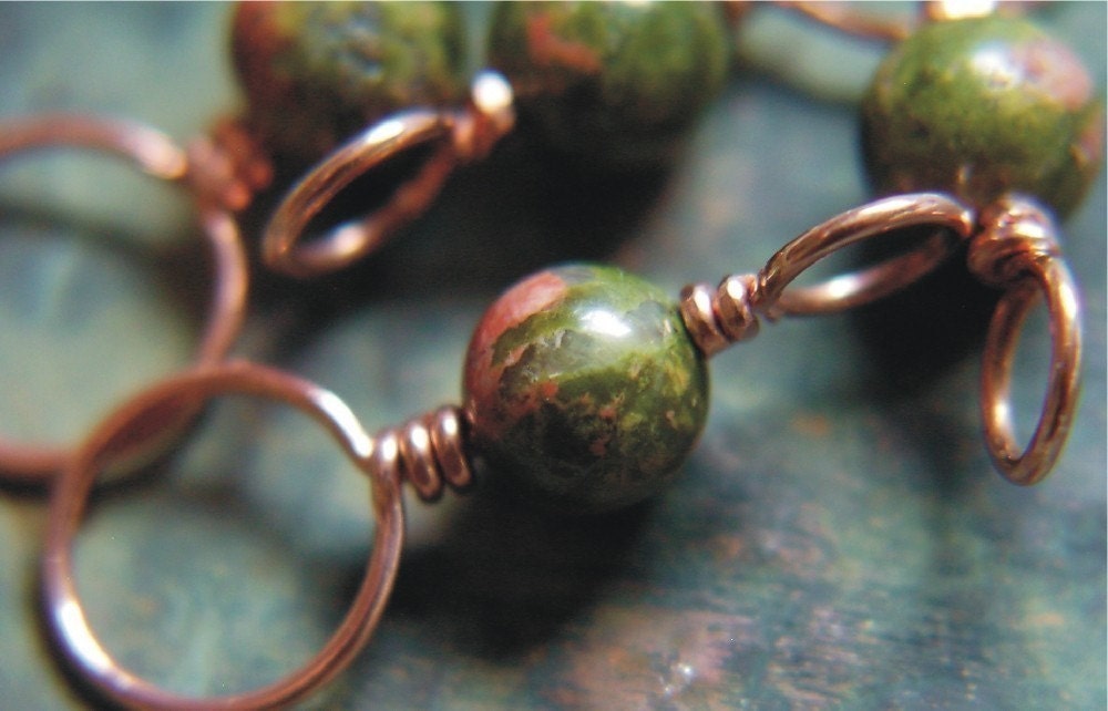 Knitting Stitch Markers - Copper and Unakite  - Set of 4 Dual Duty